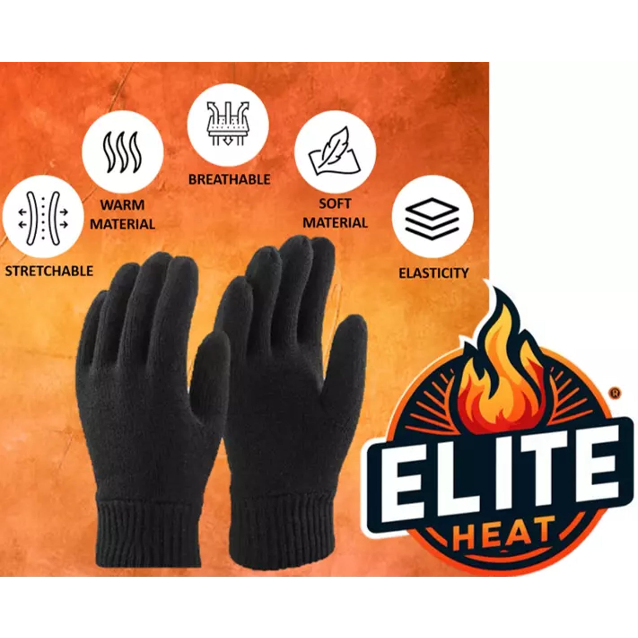 Elite Heat men's thermal winter gloves in black or navy with ribbed cuffs for warmth and comfort